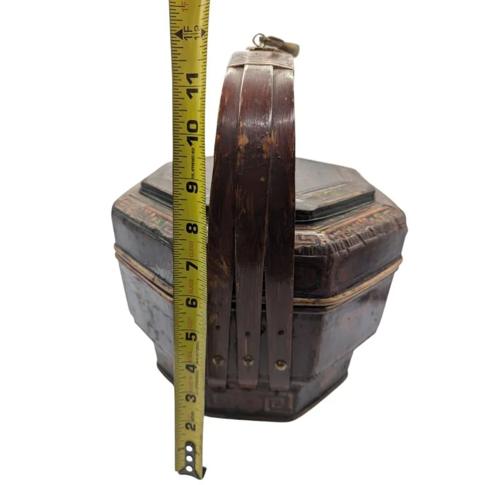 Antique Chinese Bamboo Wedding Basket Box Laquer Finsh Brass Handle